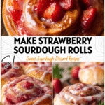 Freshly baked strawberry sourdough sweet rolls glazed and styled for Valentine sourdough recipes inspiration